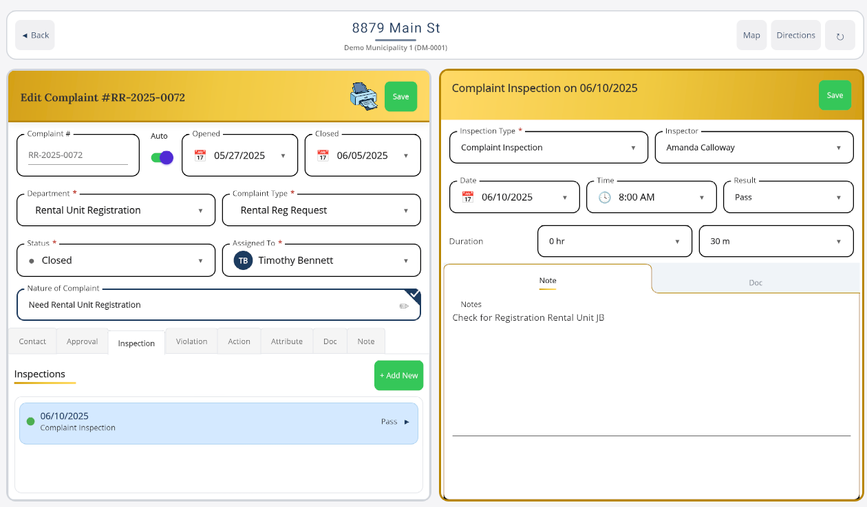 Editing a complaint with an inspection being added on the right