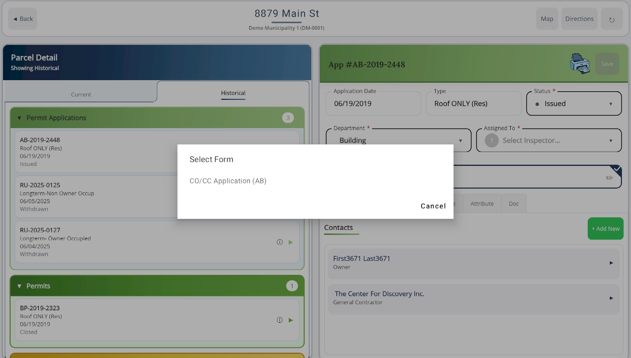 Select Form dialog showing the available print templates