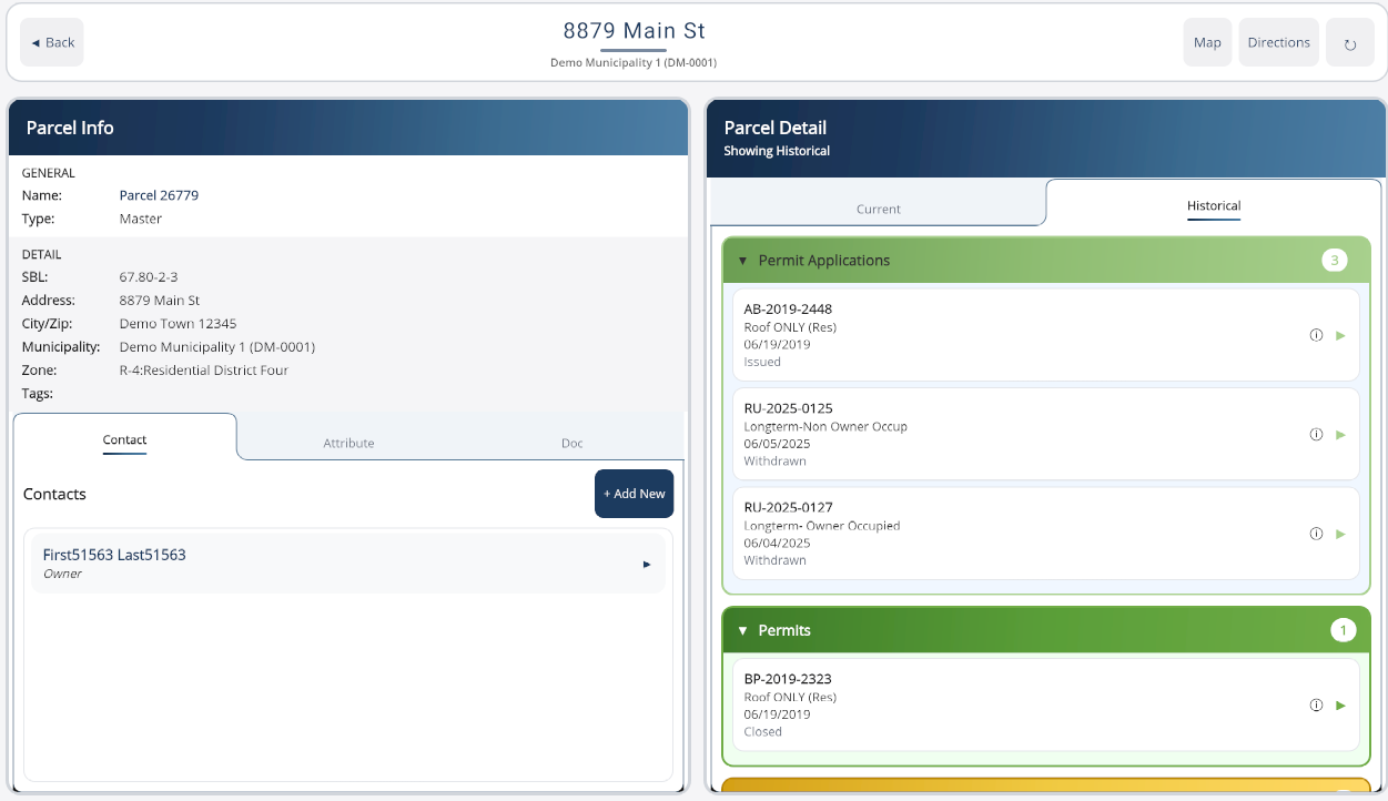 Parcel Detail page with Parcel Info on the left and Records on the right