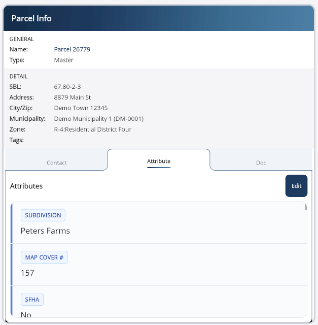 Parcel Info panel - Attributes tab