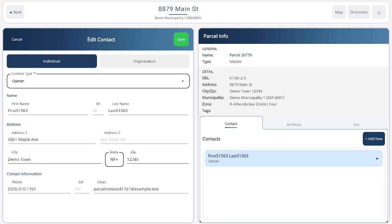 A contact has been selected in the Contacts tab