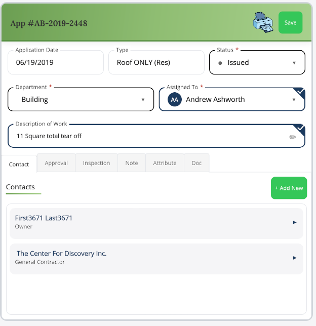 Permit Application Panel showing the Contact tab