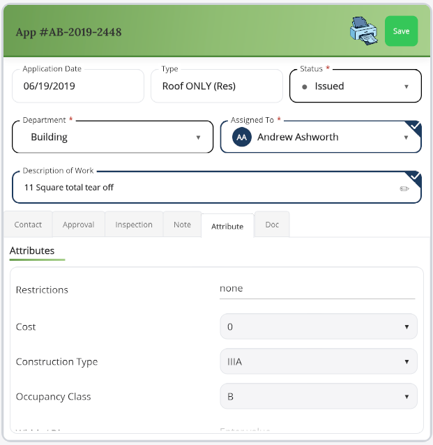 Permit Application Panel showing the Attribute tab
