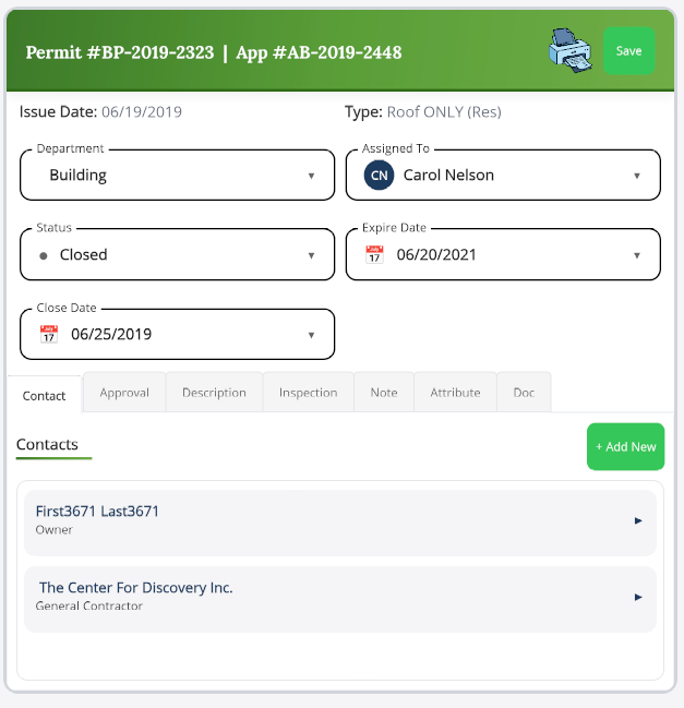 Permit Panel with an inspection being edited on the right