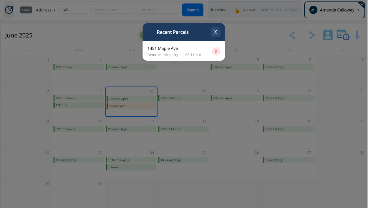 Recent Parcels popup on the Calendar page
