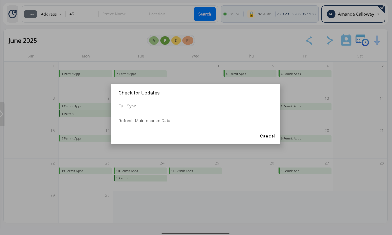 Check for Updates dialog on the Calendar page