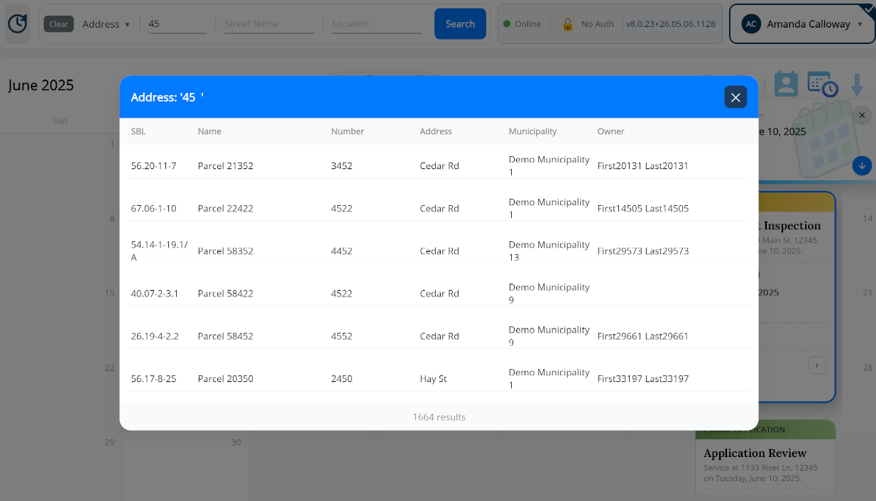 Parcel search from the Calendar page